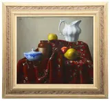 Still life with apple and pitcher by Israel Zohar, oil on canvas, sold Jun 2021