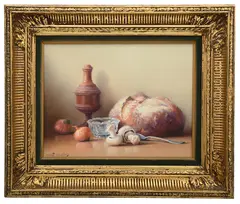Still life with bread and mushrooms by Robert Chailloux, oil on board, sold Jun 2021