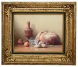 Still life with bread and mushrooms by Robert Chailloux, oil on board, sold Jun 2021