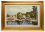 River scene with canal boats by John Neale, oil on board, sold Jun 2021