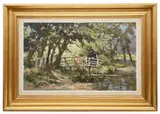 Figures on a bridge,Ravenshaw,Warwickshire by John Neale, oil on board, sold Jun 2021