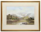 Scottish highland loch with cattle by Wendy Reeves, watercolour, sold Jun 2021