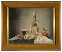 Chianti with cheese and apple by James Noble, 1979, oil on canvas, offered Jun 2020