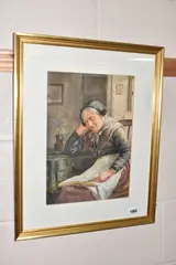 Elderly lady with book by David Wood Haddon, watercolour on paper, sold Dec 2025