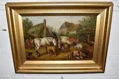 Farmyard scene with animals by Edward Benjamin Herberte, 1892, oil on canvas, sold Dec 2025