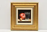 Red apple and shot glass by Jean-Pierre Walter, 2015, oil on board, sold Nov 2025