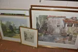 comprising a Frank Palmer Cook (1894-1994) village landscape ' by Five Decorative Pictures And Prints, watercolour on paper, sold Nov 2025