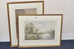 A landscape with ducks on a pond and a cottage beyond by Henry Charles Fox, 1915, watercolour on paper, sold Oct 2025