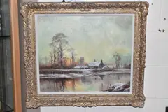 A sunset winter landscape by John Trickett, oil on canvas, sold Aug 2025