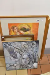 comprising a surrealist style portrait of three by Five Decorative Pictures Featuring Female Figures, gouache on paper, sold Aug 2025