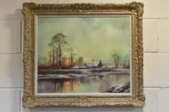 A sunset winter landscape by John Trickett, oil on canvas, offered Aug 2025