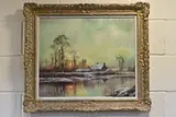 A sunset winter landscape by John Trickett, oil on canvas, offered Aug 2025