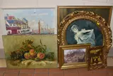 COMPRISING A TERRY BURKE HARBOUR VILLAGE, signed bottom right, oil on by Six Paintings And Prints, oil on board, sold Jul 2025