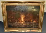 A maritime ship battle by Johnny Gaston, oil on canvas, sold Jul 2025