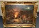 A maritime ship battle by Johnny Gaston, oil on canvas, sold Jul 2025