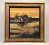 'ACROSS THE RIVER', an industrial landscape of winding gear at a by Adam Millen, acrylic on board, sold Jun 2025