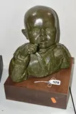 A BRONZED COMPOSITE BUST OF A CHILD with a textured bronzed finish, height 31cm x width by Len Hardy, sculpture, sold Jun 2025