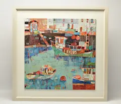 Falmouth harbour by Sally Ann Fitter, mixed media on canvas board, sold May 2025