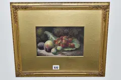 Still life of fruit and cabbage leaf by Oliver Clare, oil on board, sold May 2025