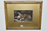 Still life of fruit and cabbage leaf by Oliver Clare, oil on board, sold May 2025