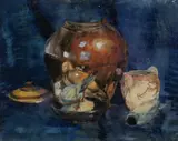 Still life with pots and birds Signed and dated Thein Han 61 by Thein Han, Watercolour heightened with bodycolour, offered Dec 2025