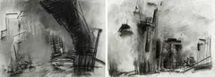 Manhattan from under the Brooklyn Bridge by Dennis Creffield, charcoal, sold Dec 2025