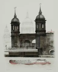 St Paul's and Cannon Street Station from London Bridge Signed and by David Gentleman, Lithograph, offered Dec 2025