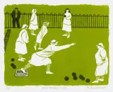 Bowling Match Signed, titled and numbered 7/12 Ladies by Barbara Vincent, Linocut printed in black and green, sold Dec 2025