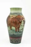 For Dennis Chinaworks A Highland Cattle pattern vase by Sally Tuffin, oil, sold Dec 2025