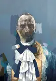Blue Portrait of a Fictional Inheritance Signed Patrick Morales-Lee by Patrick Morales-Lee, Pencil on paper, collaged with acrylic paint on canvas, sold Oct 2025