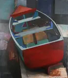 Rowing boat in a boathouse Mixed media on card Signed and dated Fraser by Fraser Taylor, oil, offered Mar 2025