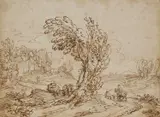 Coastal landscape with travellers by a bay Pen and by Giovanni Battista Busiri, Pen and brown ink, sold Mar 2025