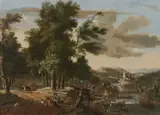 Extensive river landscape with a hunting party in the by Jacob van der Does II, Oil on panel, sold Mar 2025