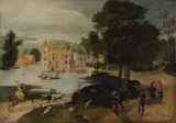 Landscape with peasants near a lakeside castle Oil on by Abel Grimmer, Oil on canvas, sold Mar 2025