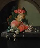Still life with a basket of strawberries and other fruit on by William Jones Of Bath, Oil on canvas, sold Mar 2025