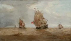 A full-rigged merchantman and two smaller vessels battling a heavy swell by Henry Redmore, Oil on canvas, sold Mar 2025