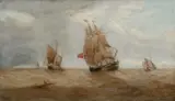 A full-rigged merchantman and two smaller vessels battling a heavy swell by Henry Redmore, Oil on canvas, sold Mar 2025