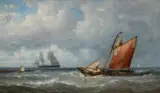 A fishing boat near a jetty Signed J F Schutz by Jan Frederik Schütz, Oil on panel, sold Mar 2025