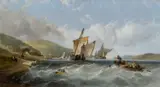 Fishing boats on a blustery day on an estuary Signed and dated A by Alfred Montague, Oil on canvas, sold Mar 2025