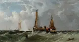 Fishing boats in choppy coastal waters Signed and indistinctly by James Meadows Snr., Oil on canvas, sold Mar 2025