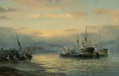 Coastal landscape with steamships anchored Signed WThornley by William Thornley, Oil on canvas, sold Mar 2025