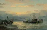 Coastal landscape with steamships anchored Signed WThornley by William Thornley, Oil on canvas, sold Mar 2025