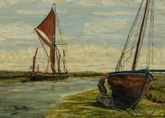 East Anglian river landscape with a figure repairing a boat and a by Colin Hunter, Oil on board, sold Mar 2025