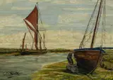 East Anglian river landscape with a figure repairing a boat and a by Colin Hunter, Oil on board, sold Mar 2025