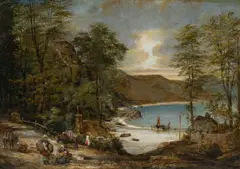Coastal landscape with fisherfolk on a path above a cove by Edward William Cooke, Oil on canvas, sold Mar 2025