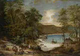Coastal landscape with fisherfolk on a path above a cove by Edward William Cooke, Oil on canvas, sold Mar 2025
