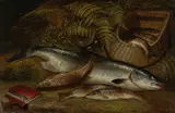 Salmon and brown trout on a riverbank Signed and dated H L Rolfe by Henry Leonidas Rolfe, Oil on canvas, sold Mar 2025