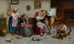 A flirtation Signed A.BIANCHI (lower left) Oil on canvas 73.9 x 120.5cm; 29 x 47½in by Antonio Bianchi, Oil on canvas, sold Mar 2025