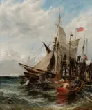 Boats by a jetty on a windy day Signed with monogram and dated by Henry Thomas Dawson, 1865, Oil on canvas, sold Mar 2025