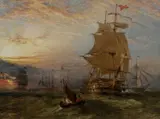 HMS Britannia leaving the fleet anchorage with other ships of by Henry Thomas Dawson, Oil on canvas, sold Mar 2025